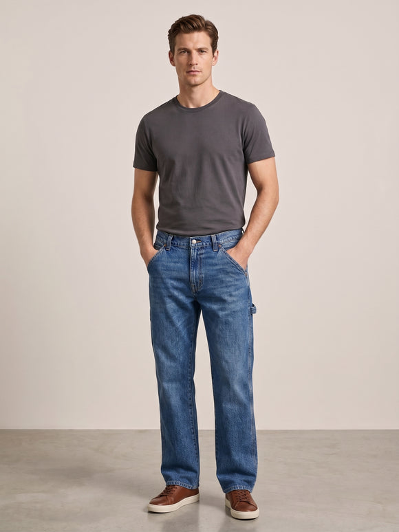 Jeans carpintero corte recto azul, vista frontal en modelo