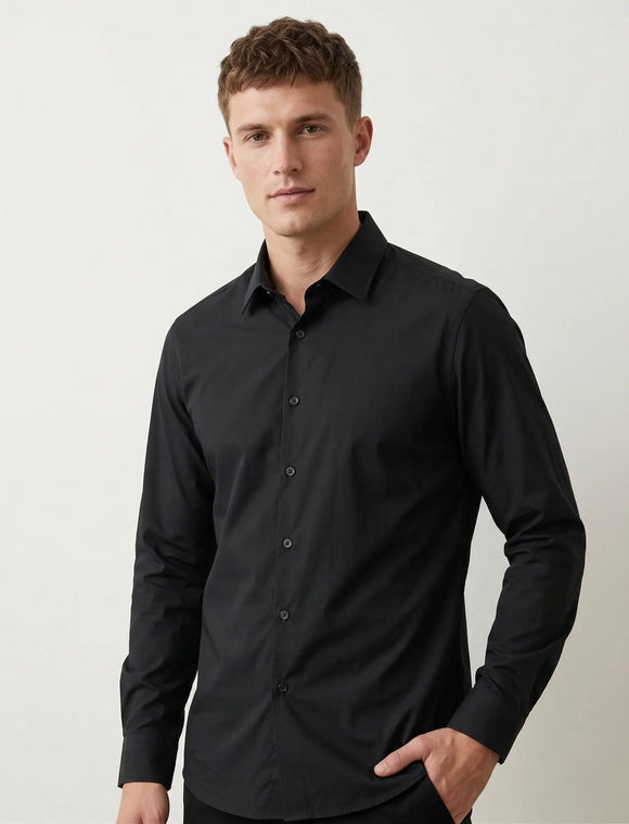 Camisa negra lisa de manga larga para hombre sin bolsillo, diseño minimalista de frente limpio y cuello tradicional, Sherman Morgan.