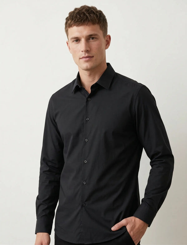 Camisa negra lisa de manga larga para hombre sin bolsillo, diseño minimalista de frente limpio y cuello tradicional, Sherman Morgan.