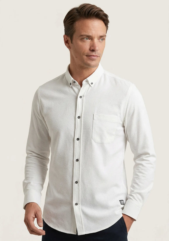 Camisa blanca de manga larga para hombre con textura de líneas finas en relieve, con bolsillo frontal, Sherman Morgan.