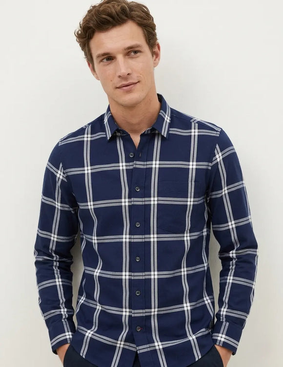 Camisa de manga larga azul marino para hombre con estampado de cuadros blancos, diseño con bolsillo frontal, Sherman Morgan.