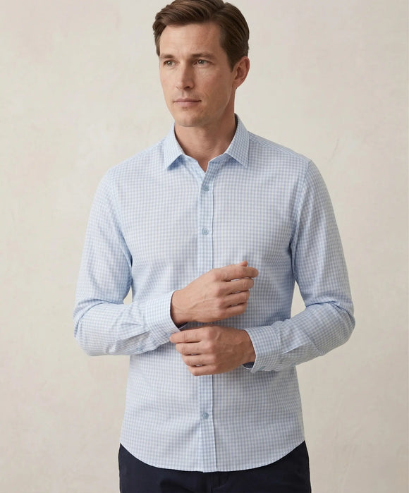 Camisa de manga larga azul pastel para hombre con estampado de cuadrícula mediana azul marino y cuello tradicional, Sherman Morgan.