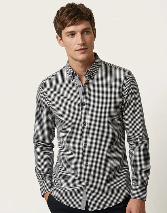 Camisa de manga larga para hombre con estampado de cuadros chicos de ajedrez negros y blancos, diseño liso, Sherman Morgan.