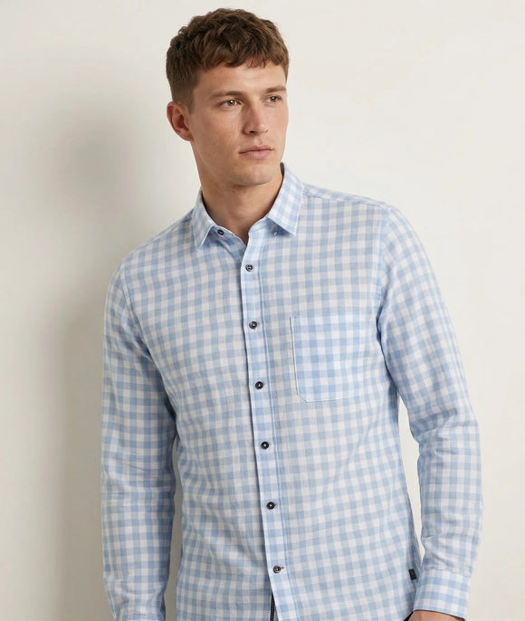 Camisa de manga larga para hombre con estampado de cuadros de ajedrez azul claro y blancos, diseño casual con bolsillo frontal, Sherman Morgan.