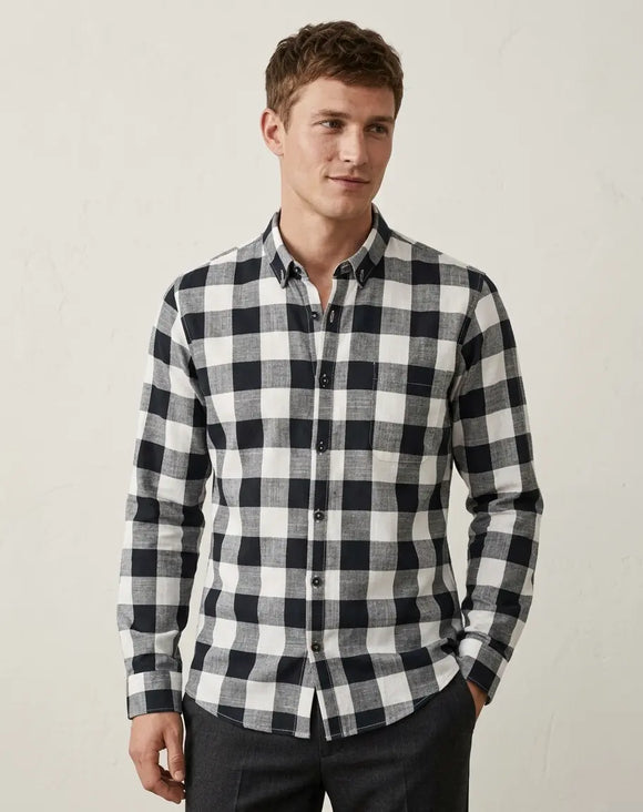 Camisa de manga larga para hombre con estampado de cuadros grandes  de ajedrez negros y blancos, diseño casual con bolsillo frontal, Sherman Morgan.