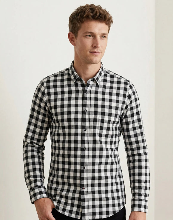 Camisa de manga larga para hombre con estampado de cuadros de ajedrez negros y blancos, diseño casual con bolsillo frontal, Sherman Morgan.