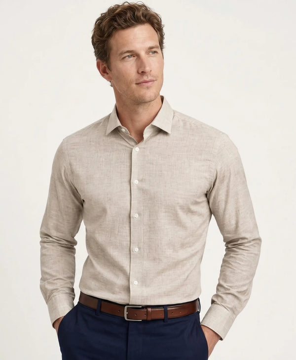 Camisa beige melange para hombre de manga larga con cuello tradicional, tela jaspeada de diseño minimalista, Sherman Morgan.