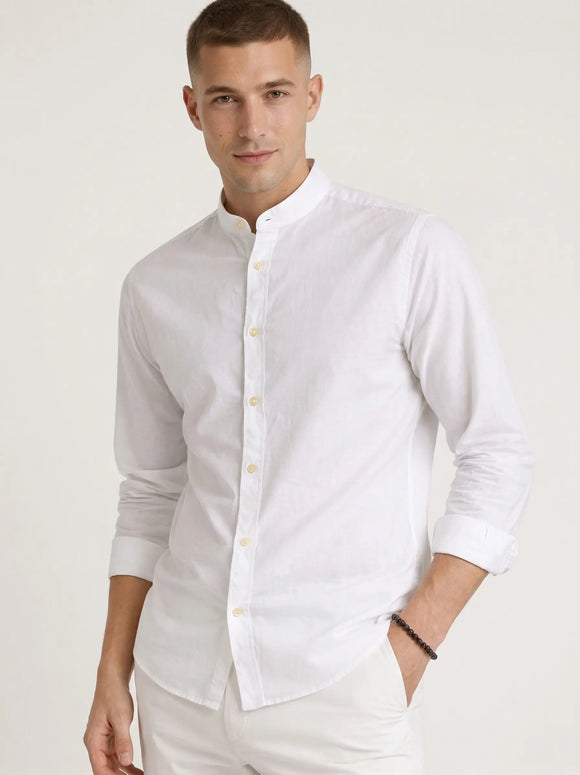 Camisa blanca de manga larga para hombre con cuello Mao, tela fresca y transpirable, diseño frente liso, Sherman Morgan.