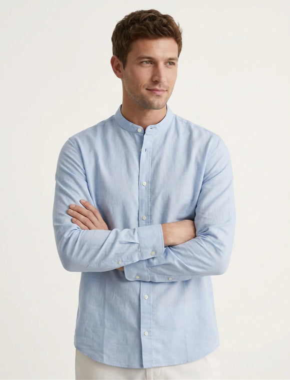 Camisa celeste de manga larga para hombre con cuello Mao, tela fresca y transpirable, diseño frente liso, Sherman Morgan.