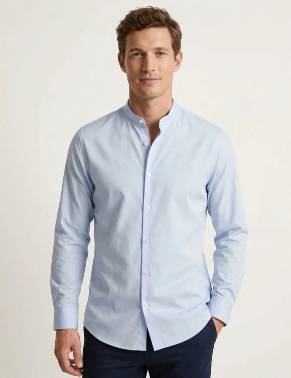 Camisa azul cielo de manga larga para hombre con cuello Mao, tela fresca y transpirable, diseño frente liso, Sherman Morgan.