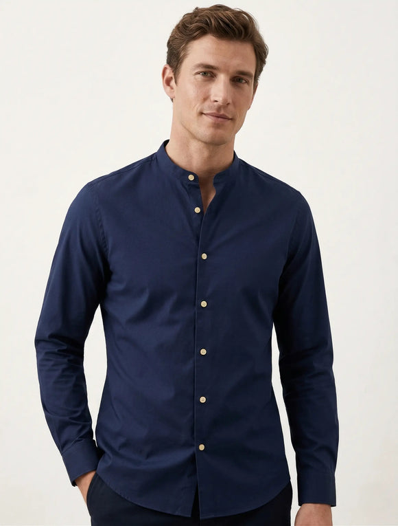 Camisa azul marino de manga larga para hombre con cuello Mao, tela fresca y transpirable, diseño frente liso, Sherman Morgan.