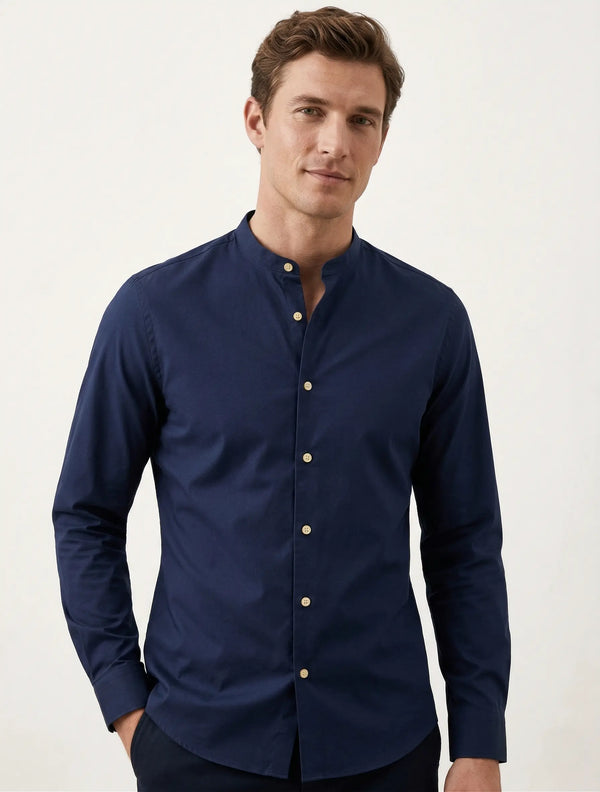 Camisa azul marino de manga larga para hombre con cuello Mao, tela fresca y transpirable, diseño frente liso, Sherman Morgan.