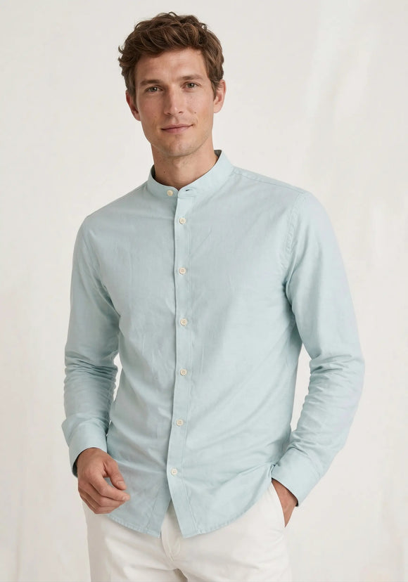 Camisa color menta de manga larga para hombre con cuello Mao, tela fresca y transpirable, diseño frente liso, Sherman Morgan.