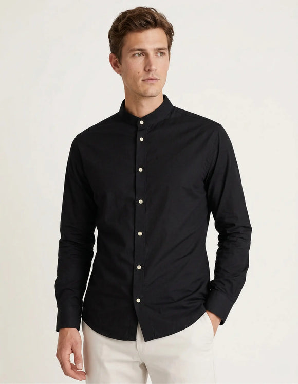 Camisa negra de manga larga para hombre con cuello Mao, tela fresca y transpirable, diseño frente liso, Sherman Morgan.