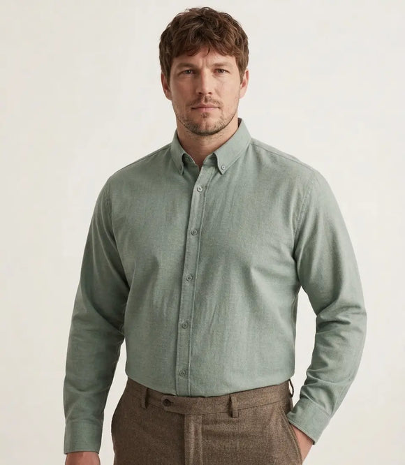 Camisa de manga larga para hombre en tela melange color verde olivo, diseño con textura jaspeada, Sherman Morgan.