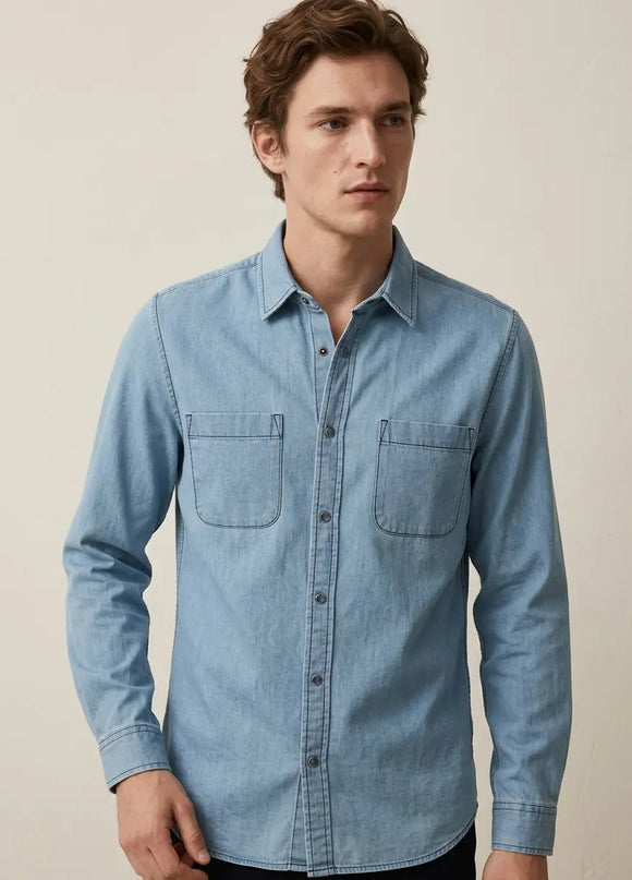 Camisa de manga larga para hombre tipo mezclilla ligera con doble bolsillo frontal, diseño casual de corte utility, Sherman Morgan.