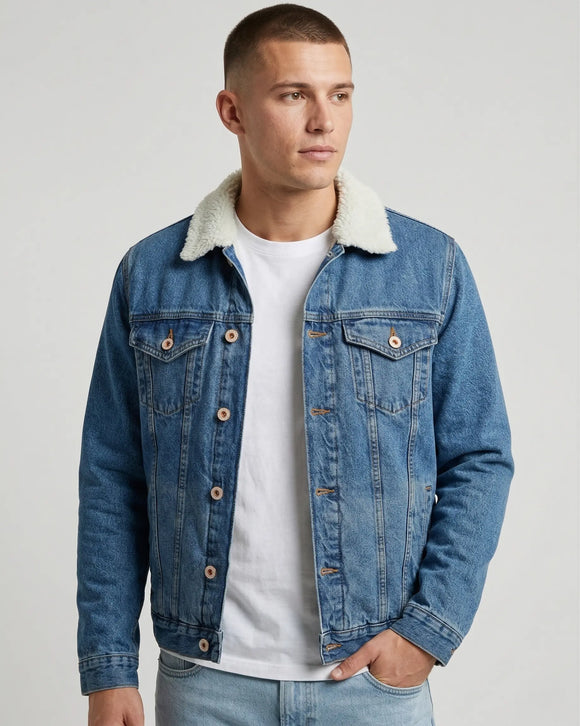 Chamarra trucker de mezclilla  para hombre con cuello de borrega, chaqueta de estilo casual forrada para invierno, Sherman Morgan.