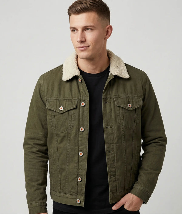 Chamarra trucker de mezclilla verde para hombre con cuello de borrega, chaqueta de estilo casual forrada para invierno, Sherman Morgan.