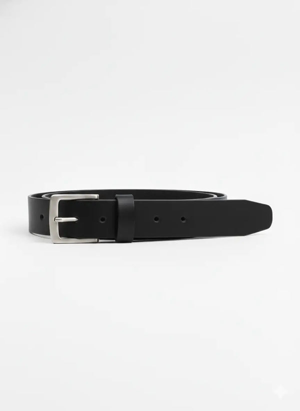 Cinturón de vestir para hombre color negro en acabado liso, accesorio de piel sintética con hebilla metálica clásica y diseño elegante, Sherman Morgan.