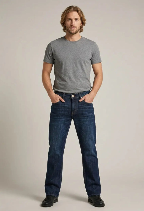 Jeans de mezclilla para hombre en dark stone corte slim fit, pantalón azul con efecto desgastado natural, Sherman Morgan.