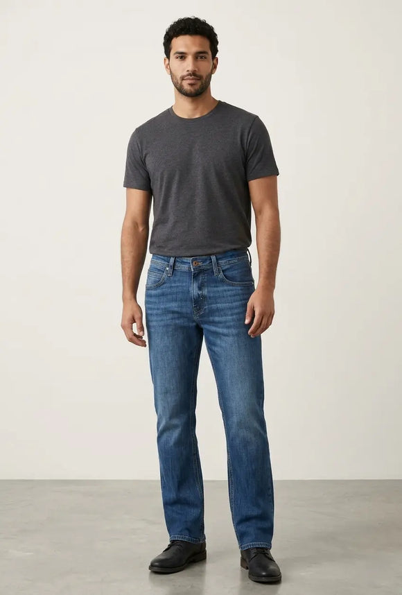 Jeans de mezclilla para hombre en lavado stone medio corte slim fit, pantalón azul con efecto desgastado natural, Sherman Morgan.