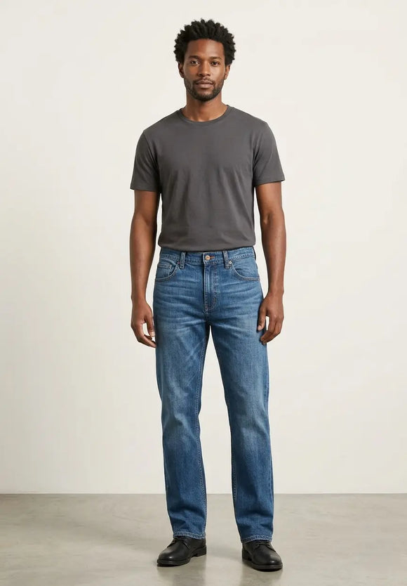 Jeans de mezclilla para hombre en lavado stone corte slim fit, pantalón azul con efecto desgastado natural, Sherman Morgan.