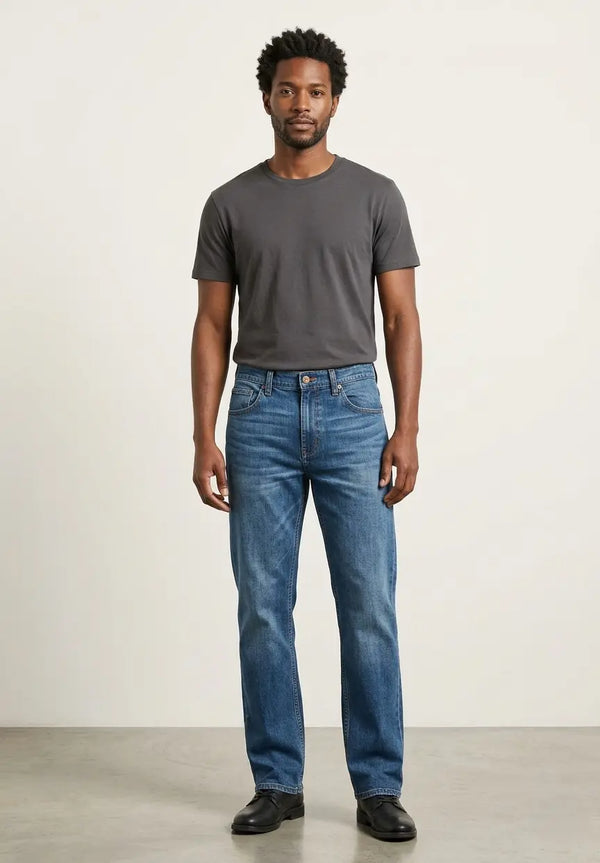 Jeans de mezclilla para hombre en lavado stone corte slim fit, pantalón azul con efecto desgastado natural, Sherman Morgan.