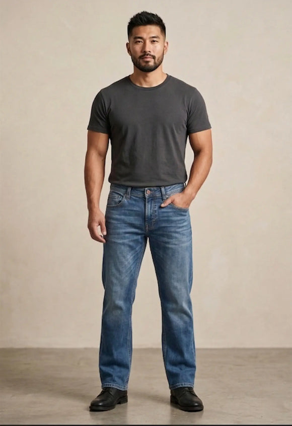 Jeans de mezclilla para hombre en lavado doble stone corte recto, pantalón azul con efecto desgastado natural, Sherman Morgan.