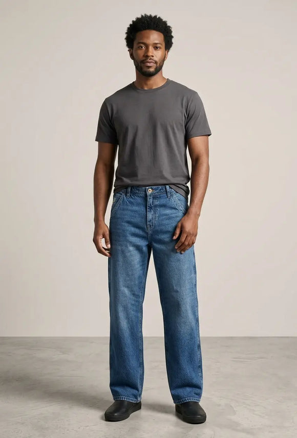 Jeans de mezclilla para hombre en lavado stone corte recto, pantalón azul con efecto desgastado natural, Sherman Morgan.