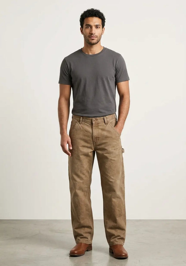 Jeans de corte carpintero para hombre en color kaki, pantalón de mezclilla con bolsillos laterales funcionales y calce relajado, Sherman Morgan.