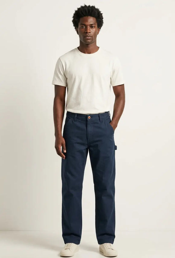 Jeans de corte carpintero para hombre en color azul marino, pantalón de mezclilla con bolsillos laterales funcionales y calce relajado, Sherman Morgan.