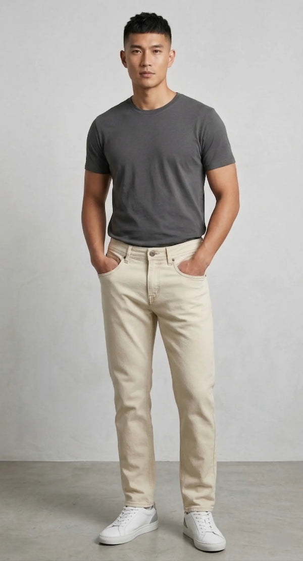 Jeans de mezclilla para hombre en teñido beige corte slim fit, Sherman Morgan.