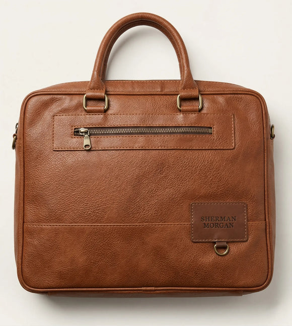 Maletín portafolio Sherman Morgan en vinipiel café camel, bolso ejecutivo para laptop con compartimento frontal de cierre y asas de mano reforzadas.