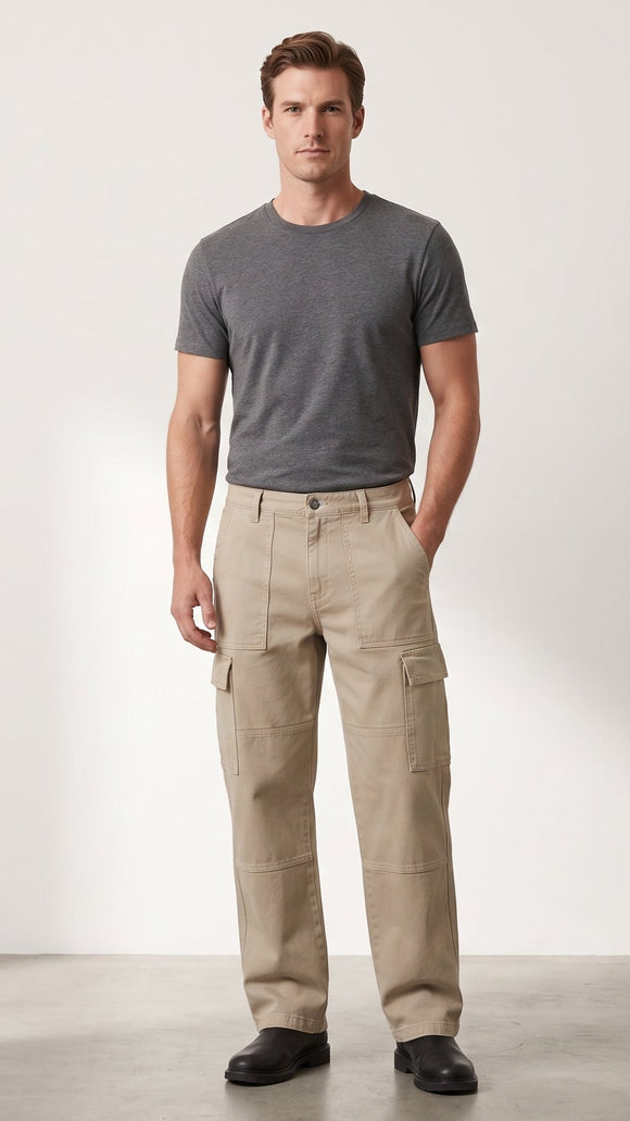 Jeans carpintero corte recto arena, vista frontal en modelo