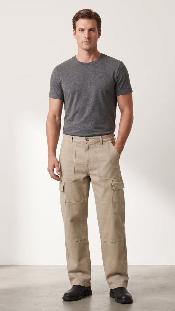 Jeans carpintero corte recto arena, vista frontal en modelo