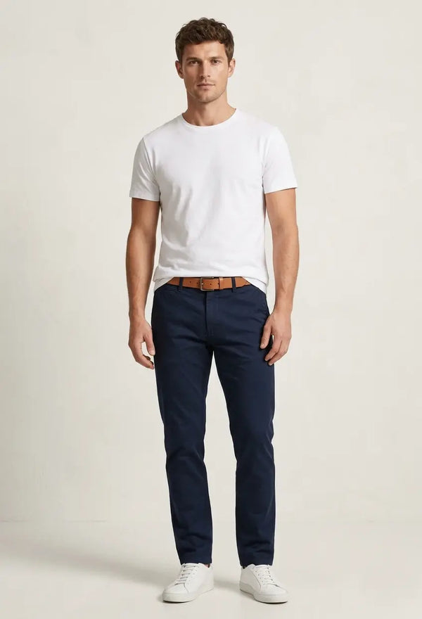 Pantalón de gabardina marino para hombre, diseño casual corte slim fit, Sherman Morgan.