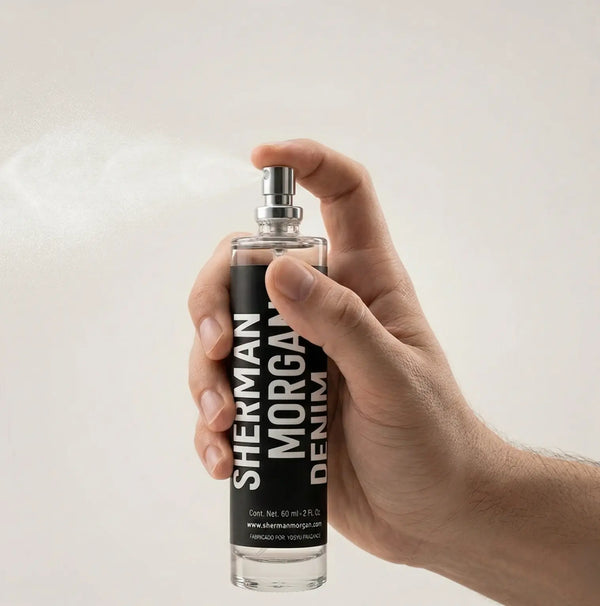 Fragancia masculina DENIM de Sherman Morgan en frasco de 60 ml, perfume con etiqueta negra y tipografía blanca moderna, atomizador de alta precisión en uso.