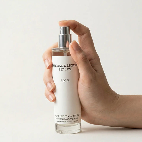 "Perfume masculino SKY de Sherman Morgan en frasco cilíndrico de 60 ml, fragancia fresca con diseño minimalista y atomizador metálico