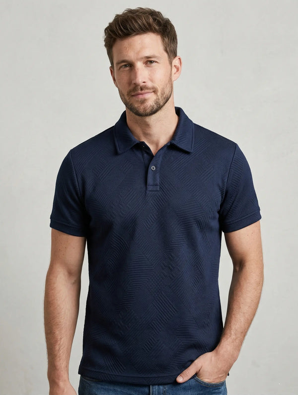 Playera tipo polo hombre azul marino textura cuadros en relieve slim fit Sherman Morgan.