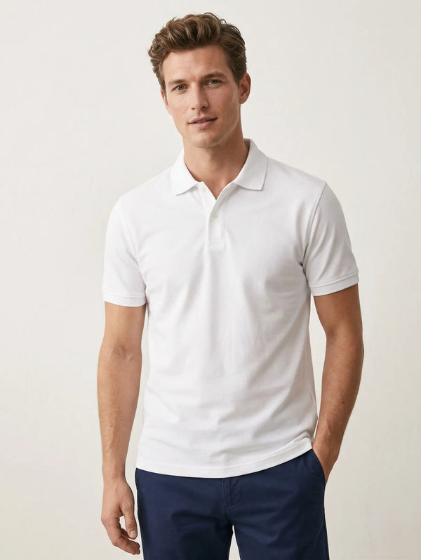 Playera tipo polo hombre blanca piqué botones de presión filo tonal cuello mangas slim fit Sherman Morgan.