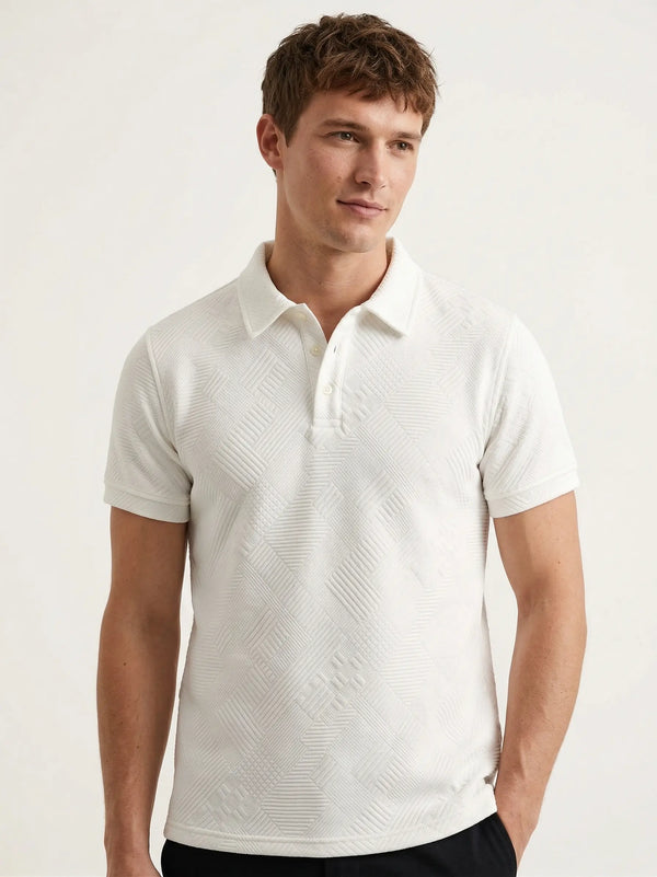 Playera tipo polo hombre blanca textura cuadros en relieve slim fit Sherman Morgan.