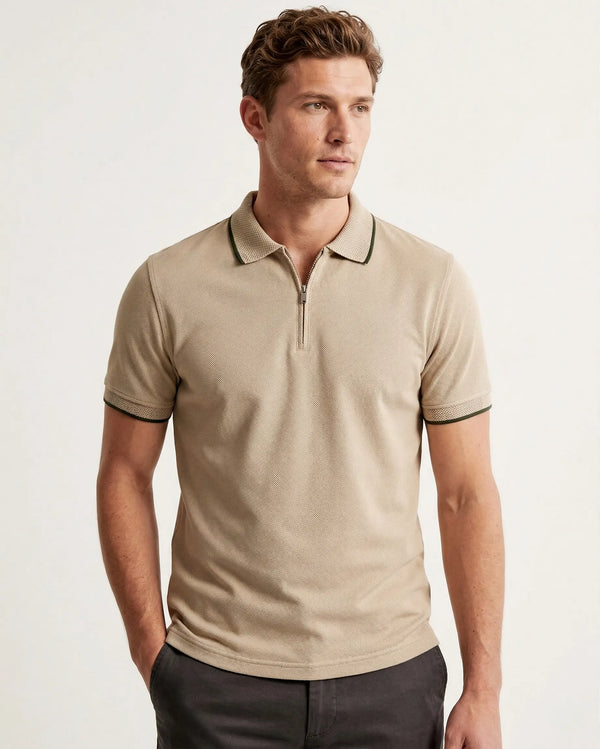 Playera tipo polo hombre café textura cuadrícula filo verde cierre frontal slim fit Sherman Morgan.