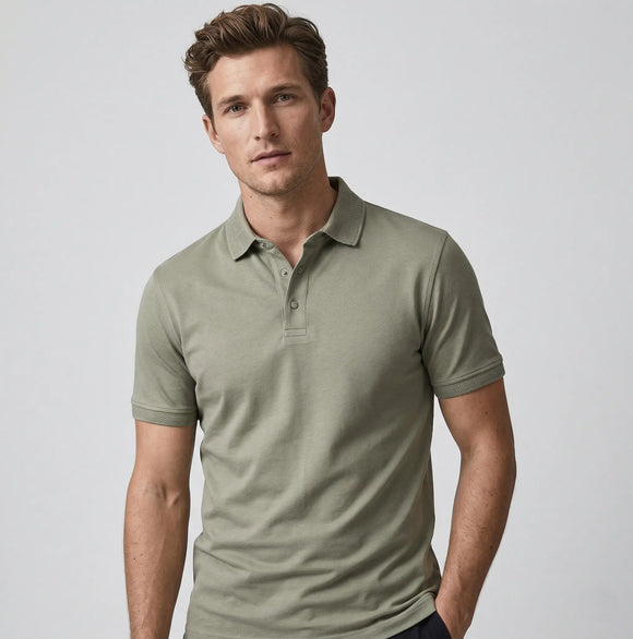 Polo gris para hombre con botones de presión y cuello texturizado, diseño monocromático con detalles en mangas, Sherman Morgan.