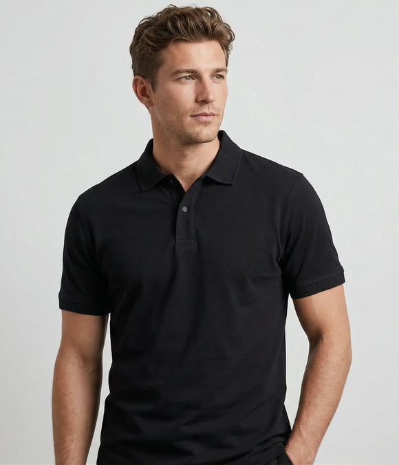 Polo negra para hombre con botones de presión y cuello texturizado, diseño monocromático con detalles en mangas, Sherman Morgan.