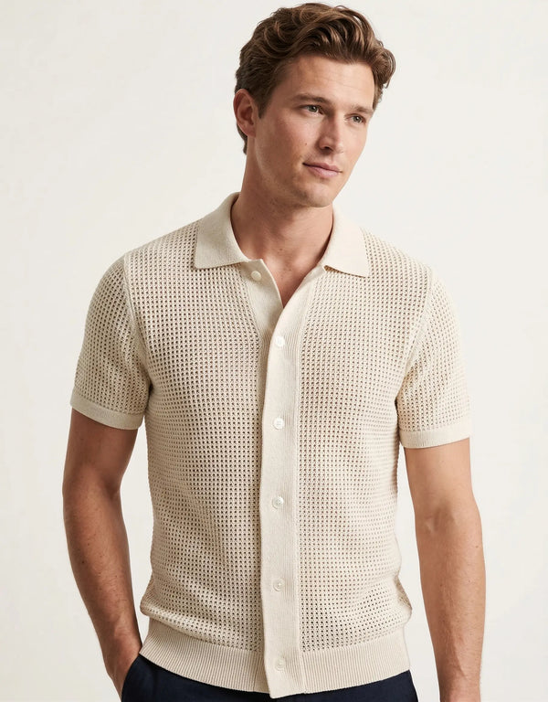 Playera tipo polo hombre arena tejida punto abierto 6 botones frontales slim fit Sherman Morgan.