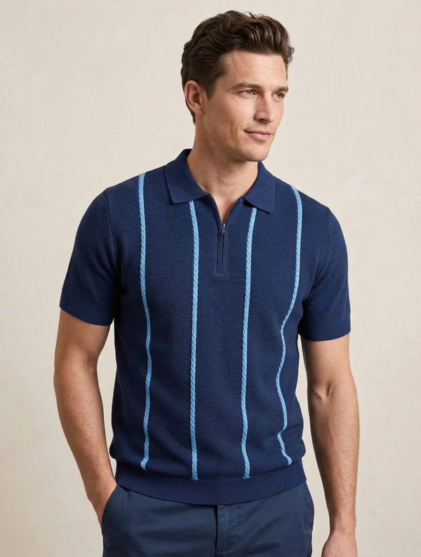 Playera tipo polo hombre azul rey tejida finas líneas verticales azul claro slim fit Sherman Morgan.