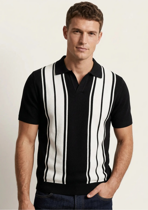 Playera tipo polo hombre negra tejida franjas blancas a los costados slim fit Sherman Morgan.