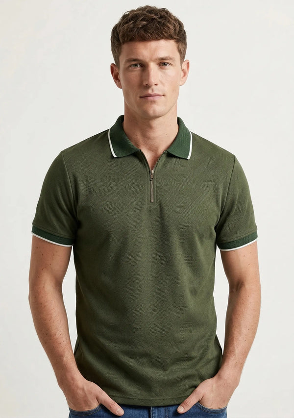 Playera tipo polo hombre verde militar textura cuadrícula filo blanco cierre frontal slim fit Sherman Morgan.