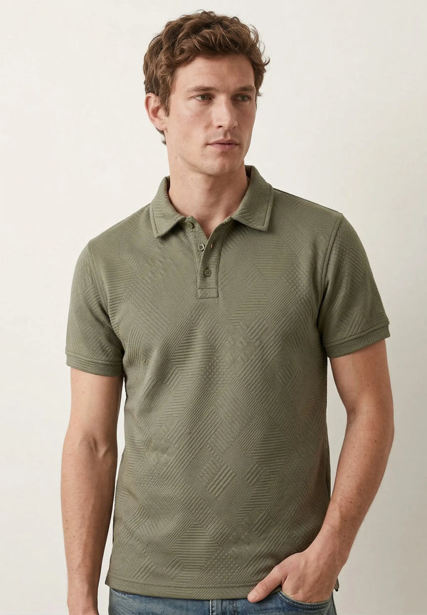 Playera tipo polo hombre verde olivo textura cuadros en relieve slim fit Sherman Morgan.